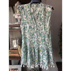 Poupette St Barth Heni Floral Tassel Trimmed Dress Green White Womens Size XS